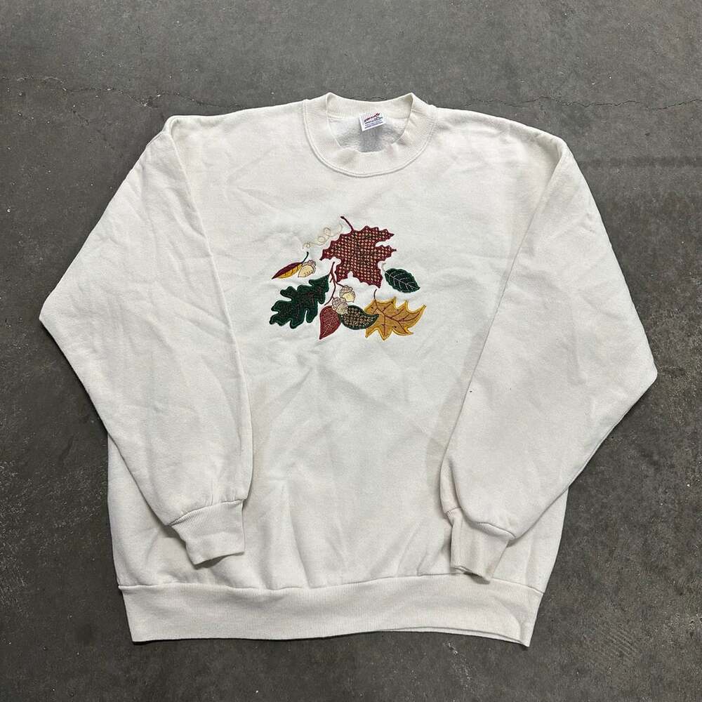 Vintage 90s Jerzees USA Embroidered Fall Leaves Acorns Crewneck Sweatshirt XL